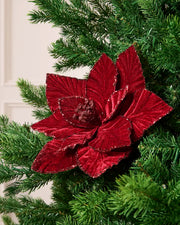 Burgundy velvet artificial poinsettia with glittered edges and a glittered center