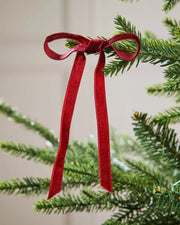 A single burgundy velvet bow on the edge of a Christmas tree in front of a white background