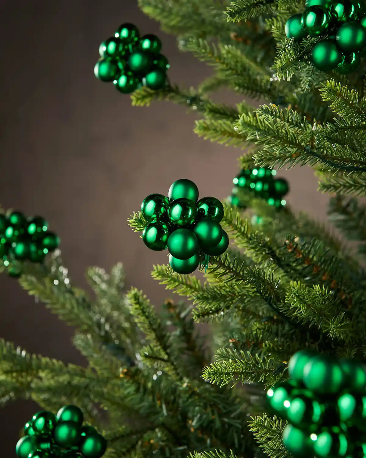 Christmas green berry cluster baubles on a Christmas tree branch with a brown background