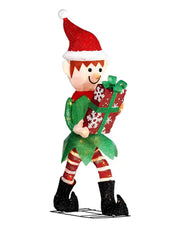 Christmas light up elf holding a gift with snowflake design on a white background