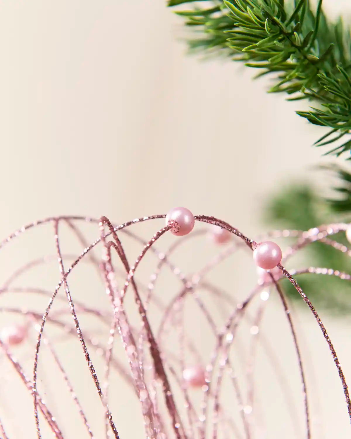 Close-up Pink Glitter Nest Christmas Tree Pick highlighting the glitter details and Pink balls