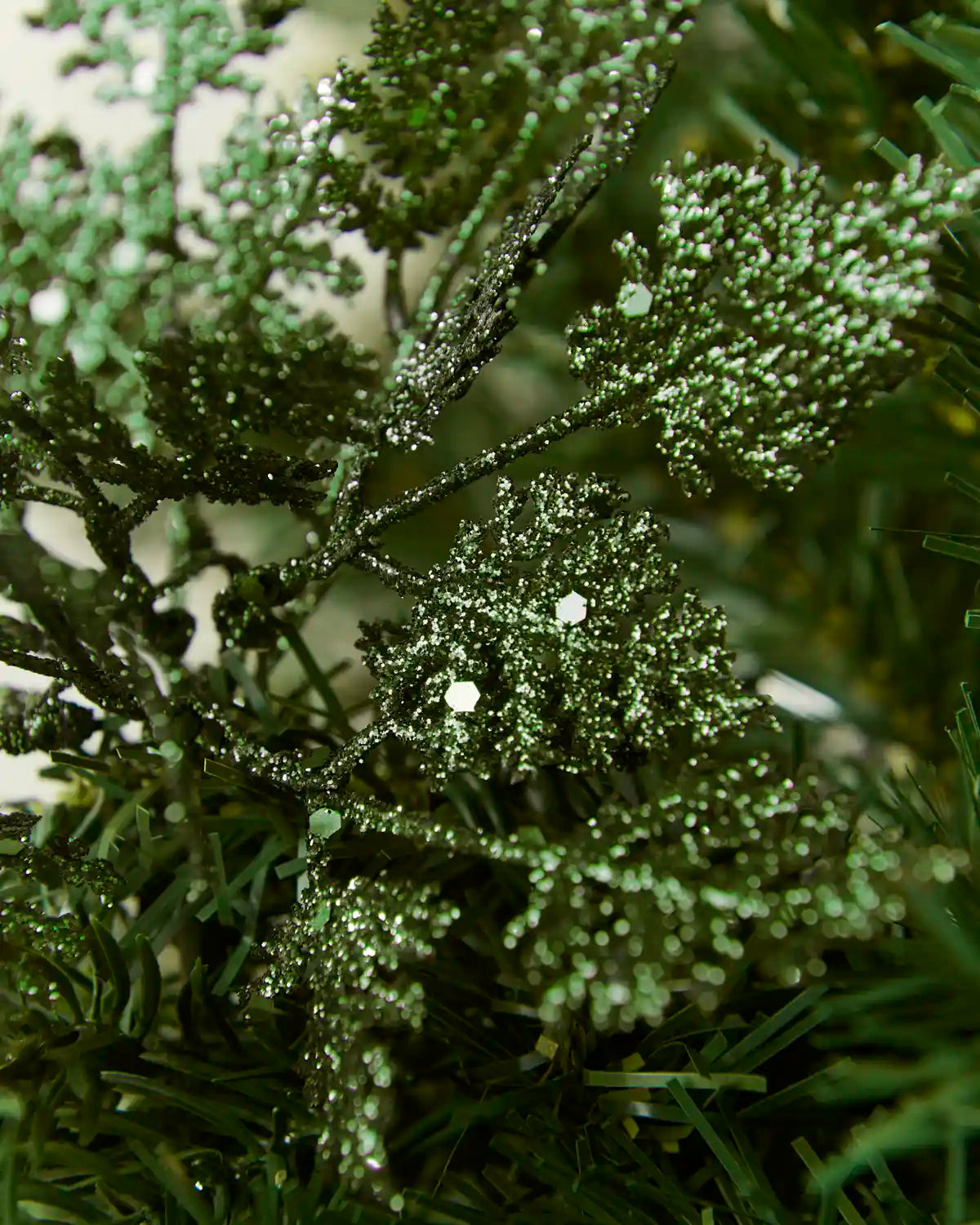 Close-up Sage green Glitter Leaf Pick, with green glitter and green sequins