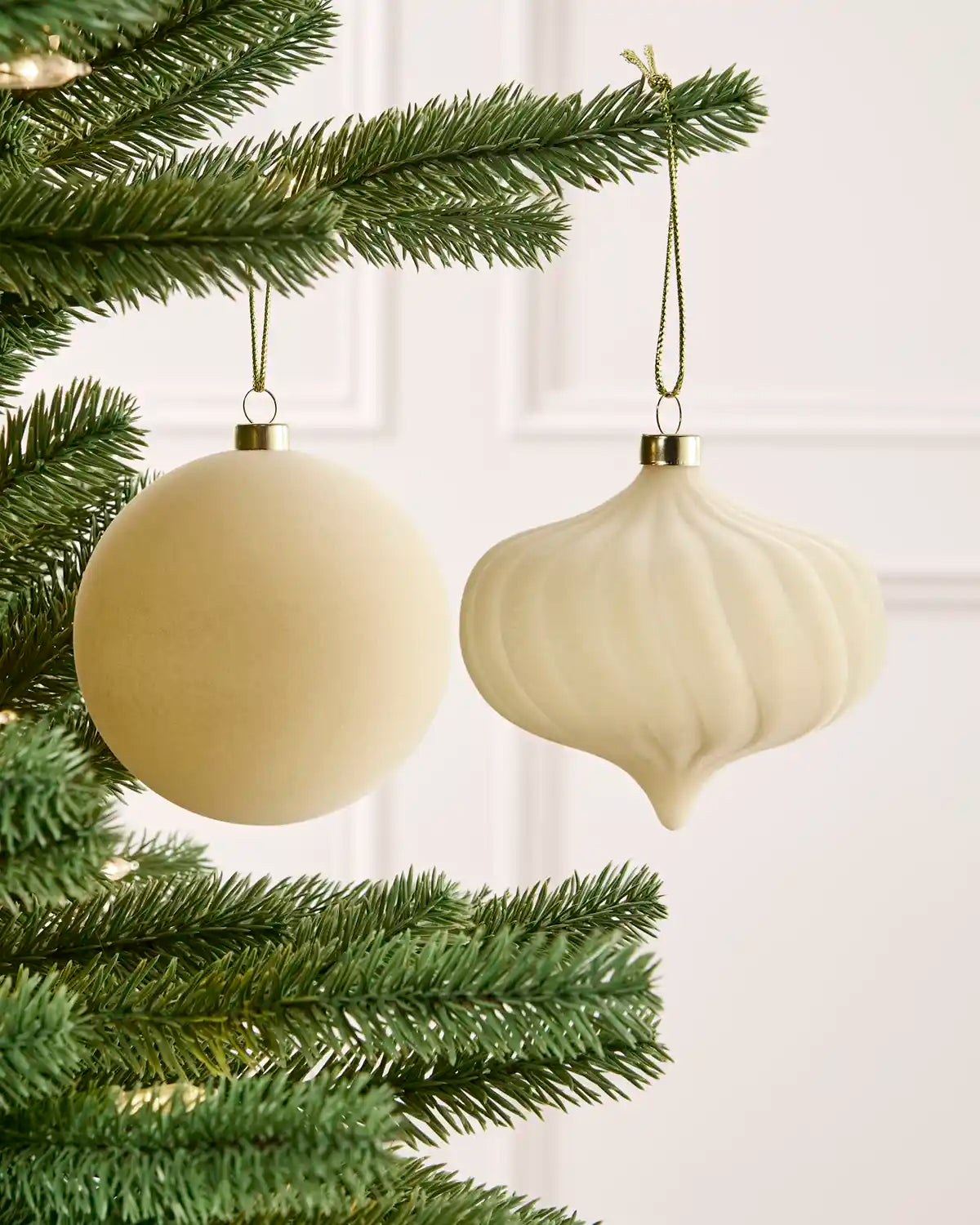 Close-up latte velvet round and onion shape bauble