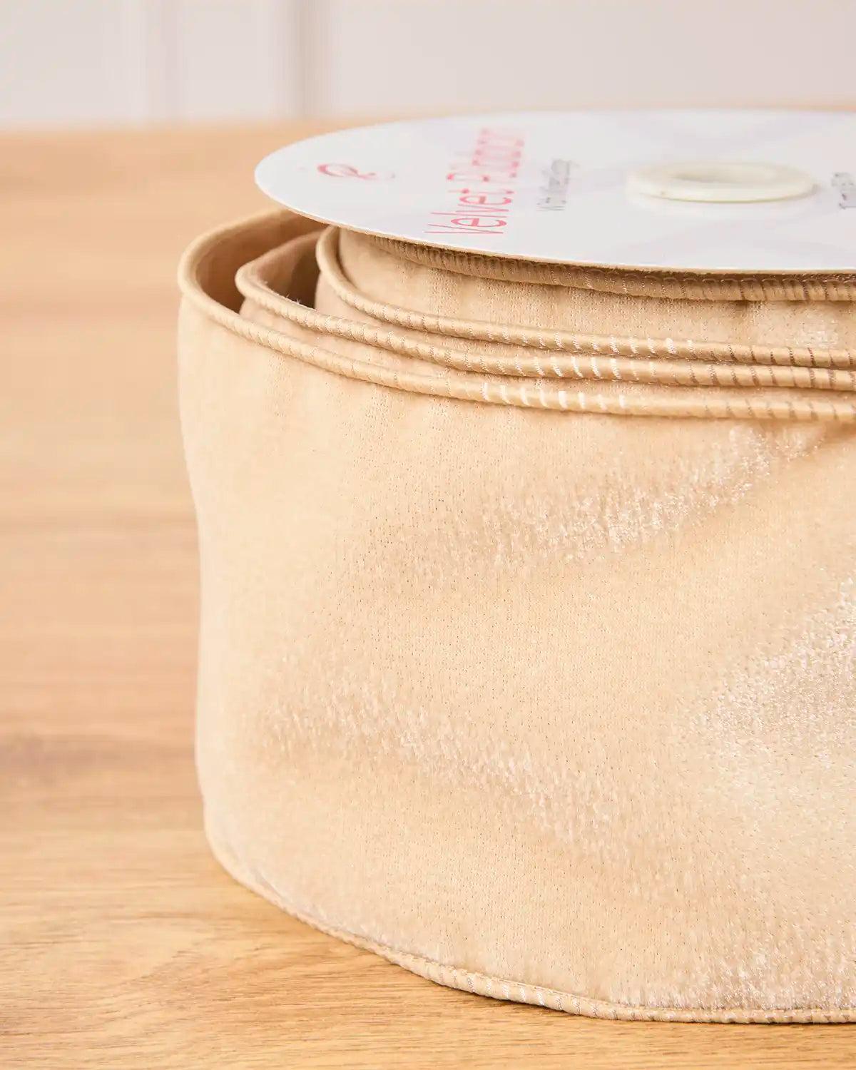 Close-up of Latte Velvet Ribbon showing the velvet finish and wired edge