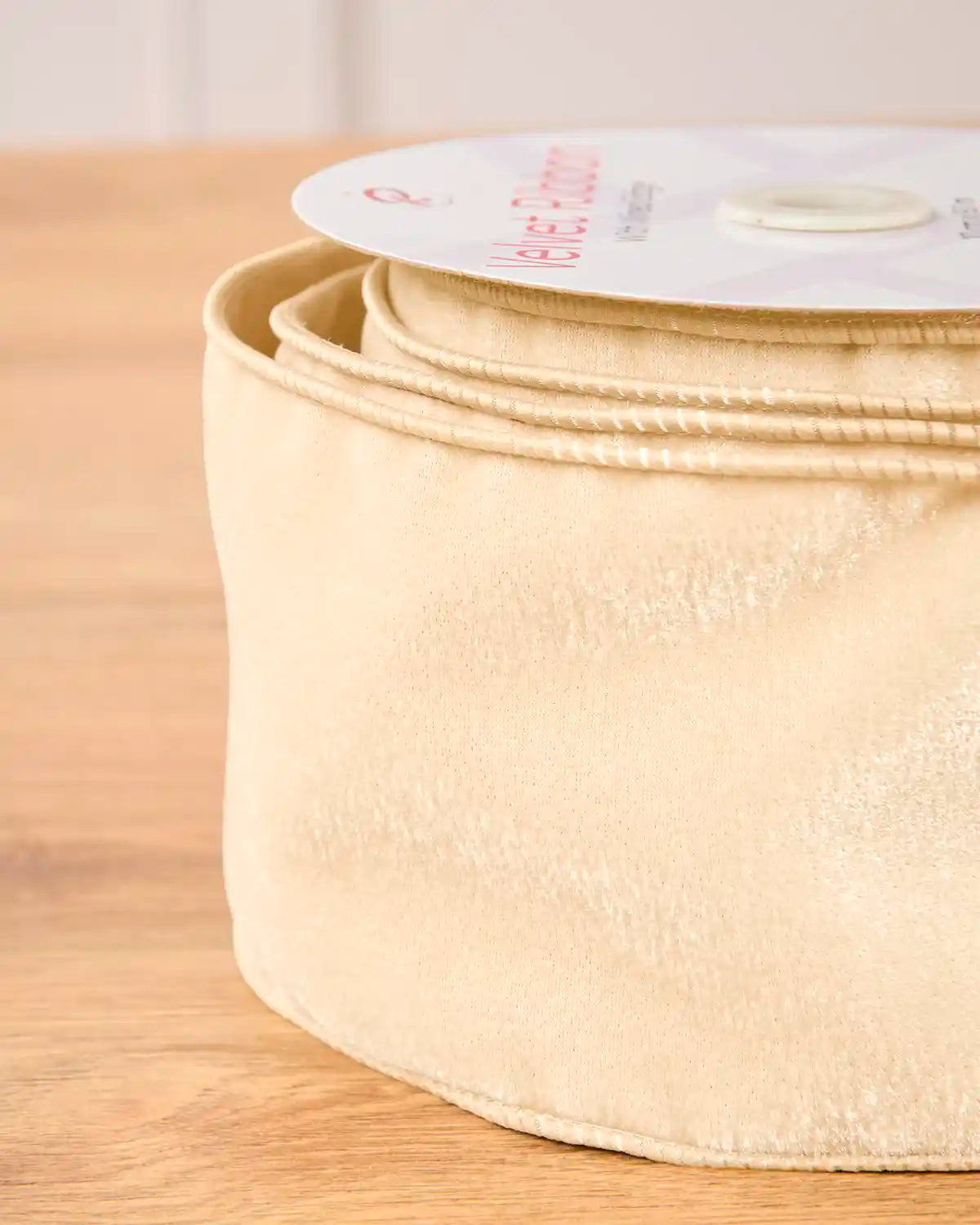 Close-up of Latte Velvet Ribbon showing the velvet finish and wired edge