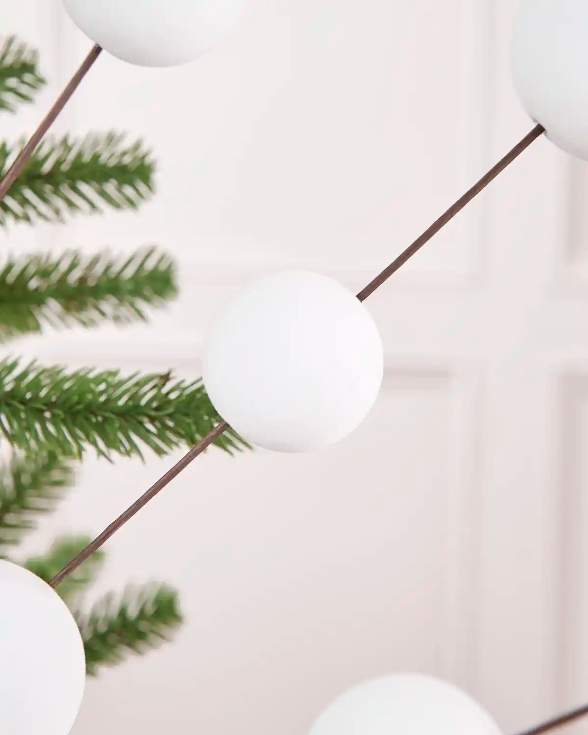 Close-up of White Velvet Bauble Picks on Christmas tree branches