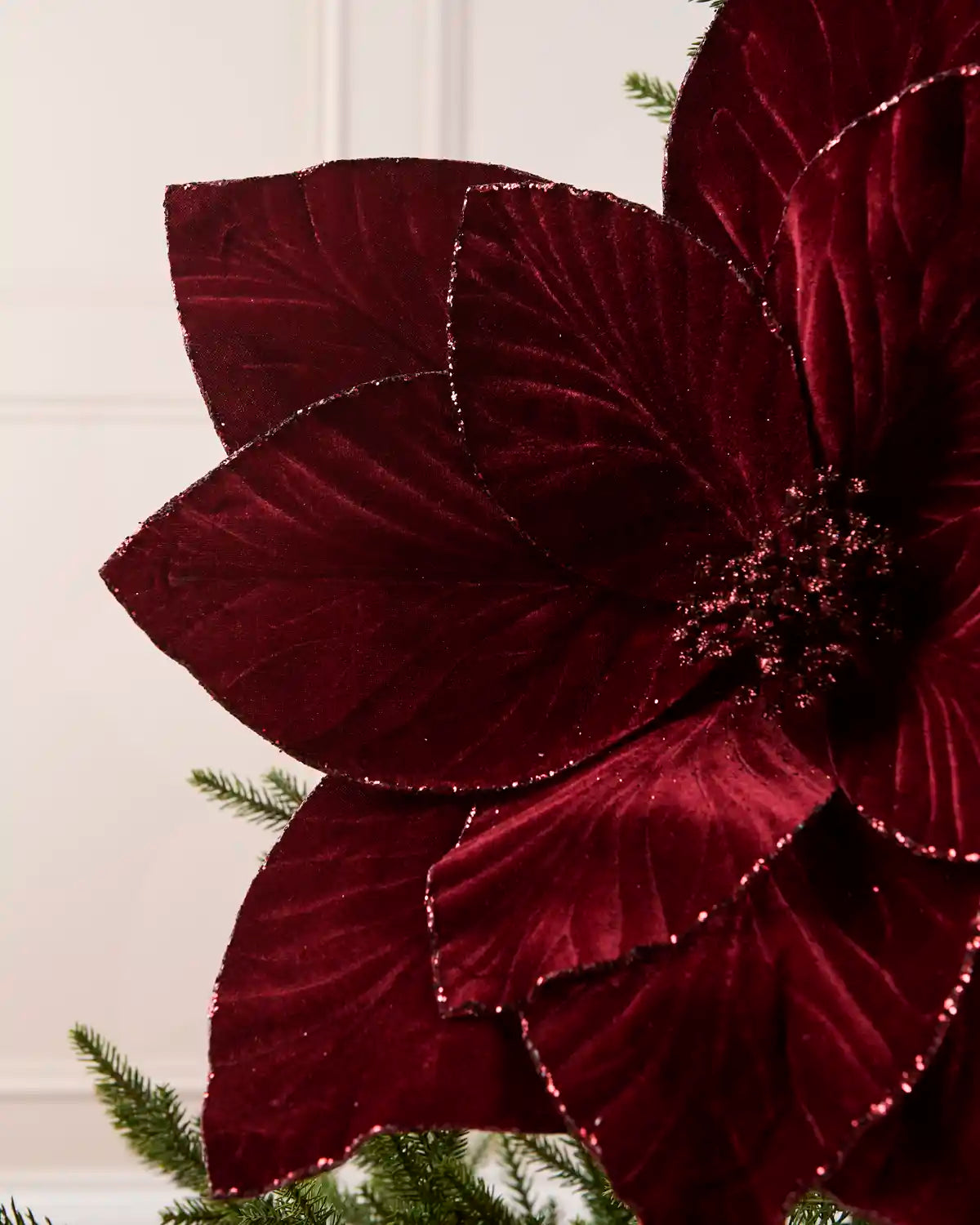 Close-up of a Burgundy velvet artificial poinsettia, highlighting its soft texture, detailed petal veining and glittered edges.
