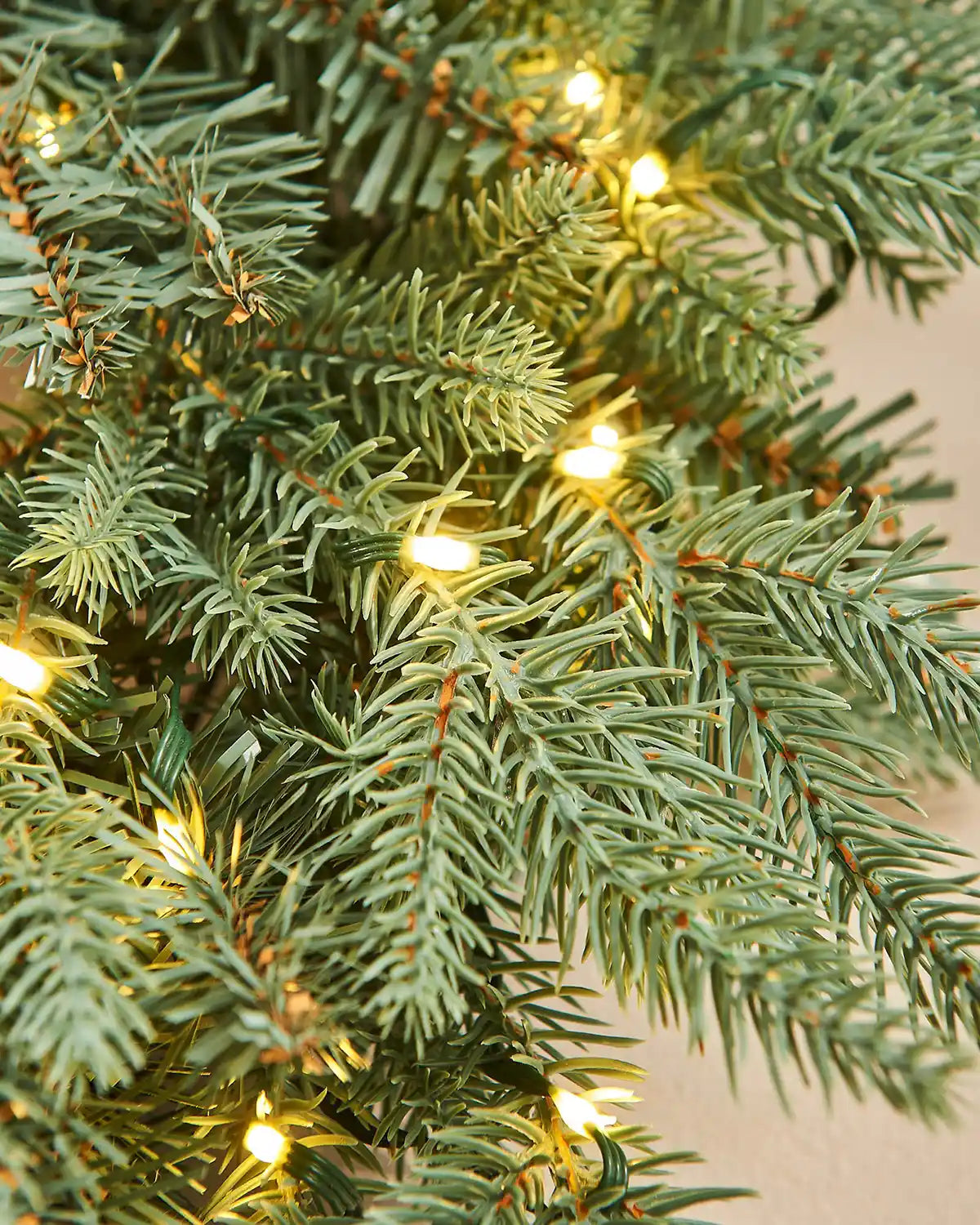 Close-up of a Christmas tree with lights on a neutral background