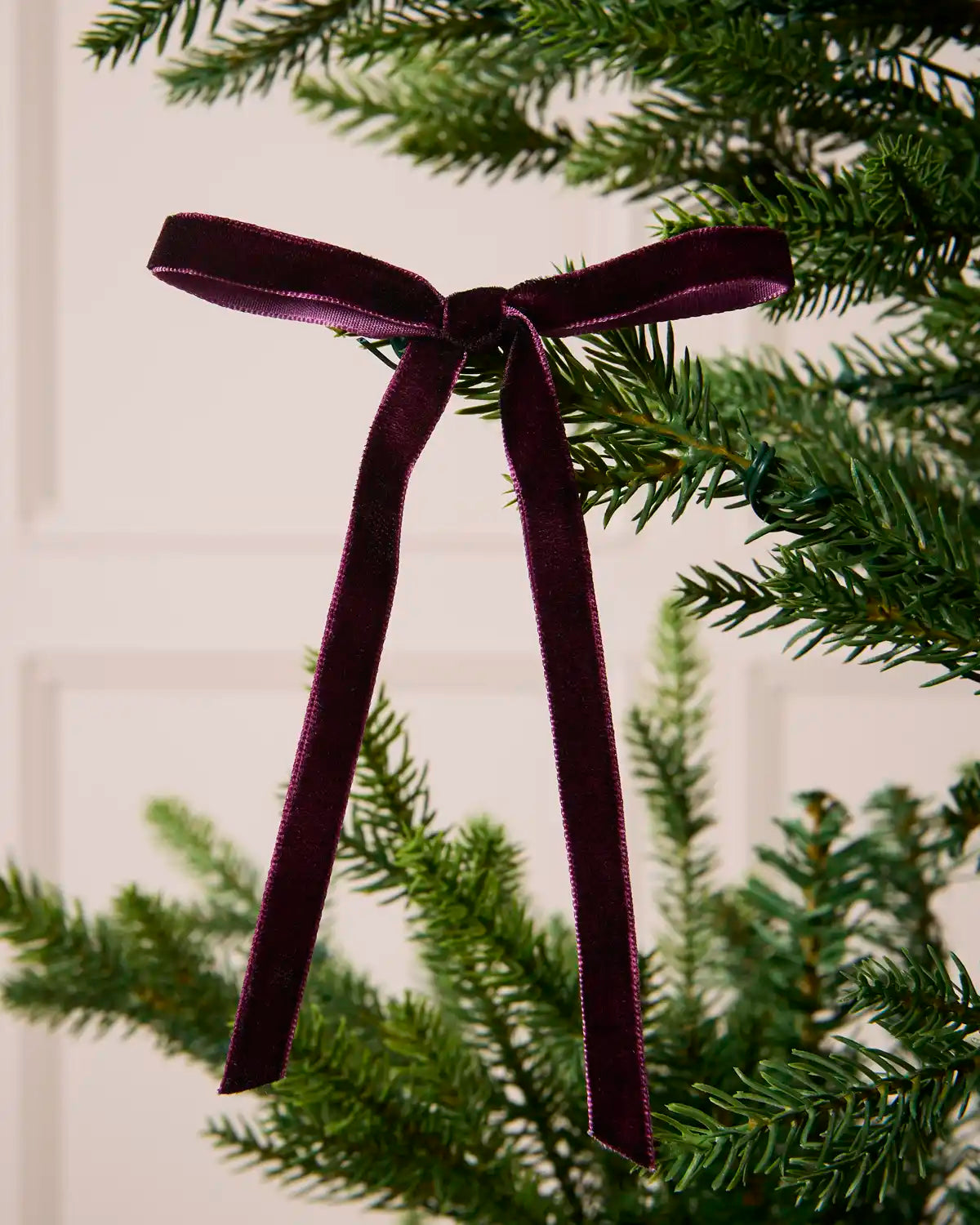 Close-up of a Purple Velvet Bow attached to a Christmas tree branch