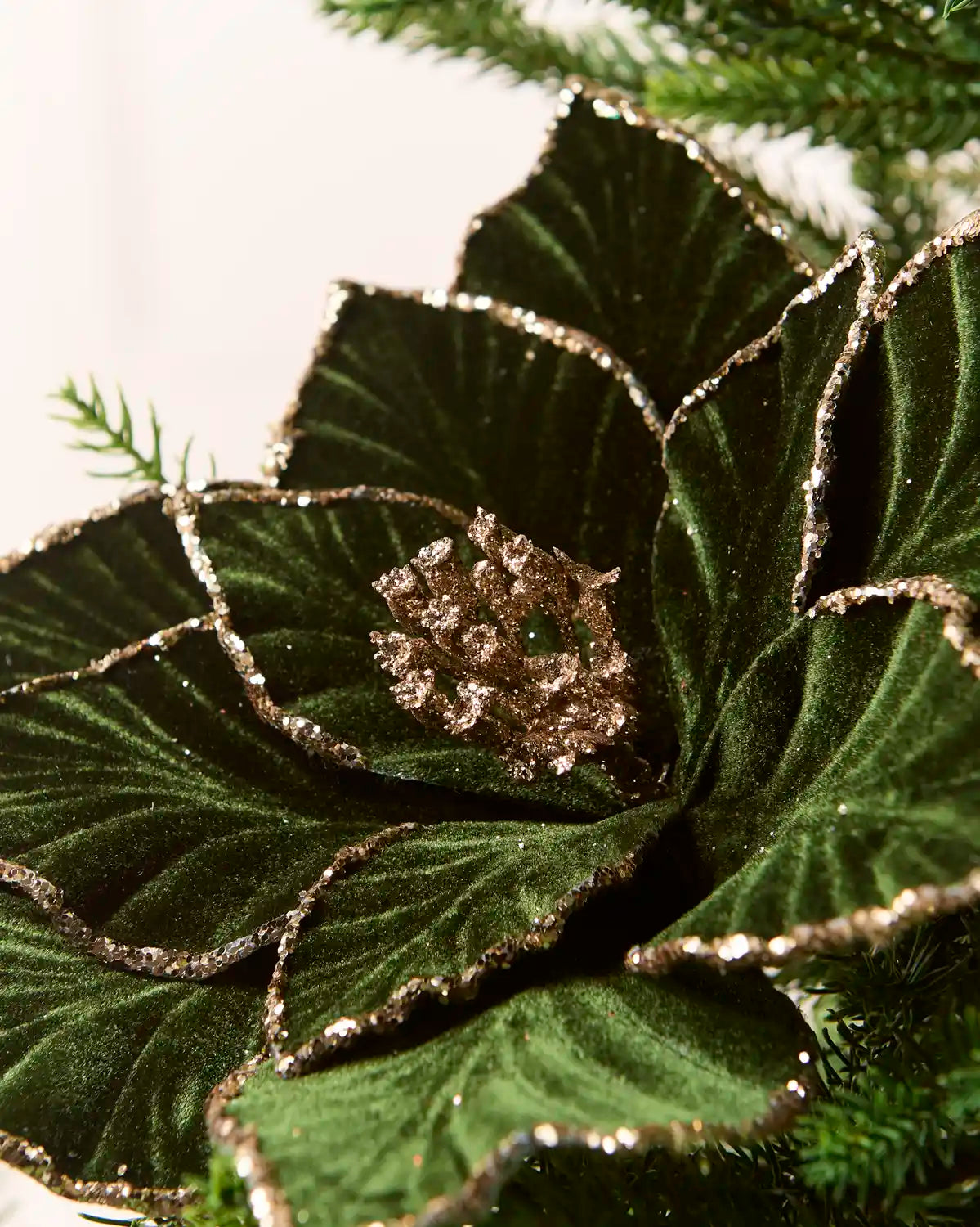 Close-up of a Sage Green velvet artificial poinsettia, highlighting its soft texture, detailed petal veining and glittered edges.
