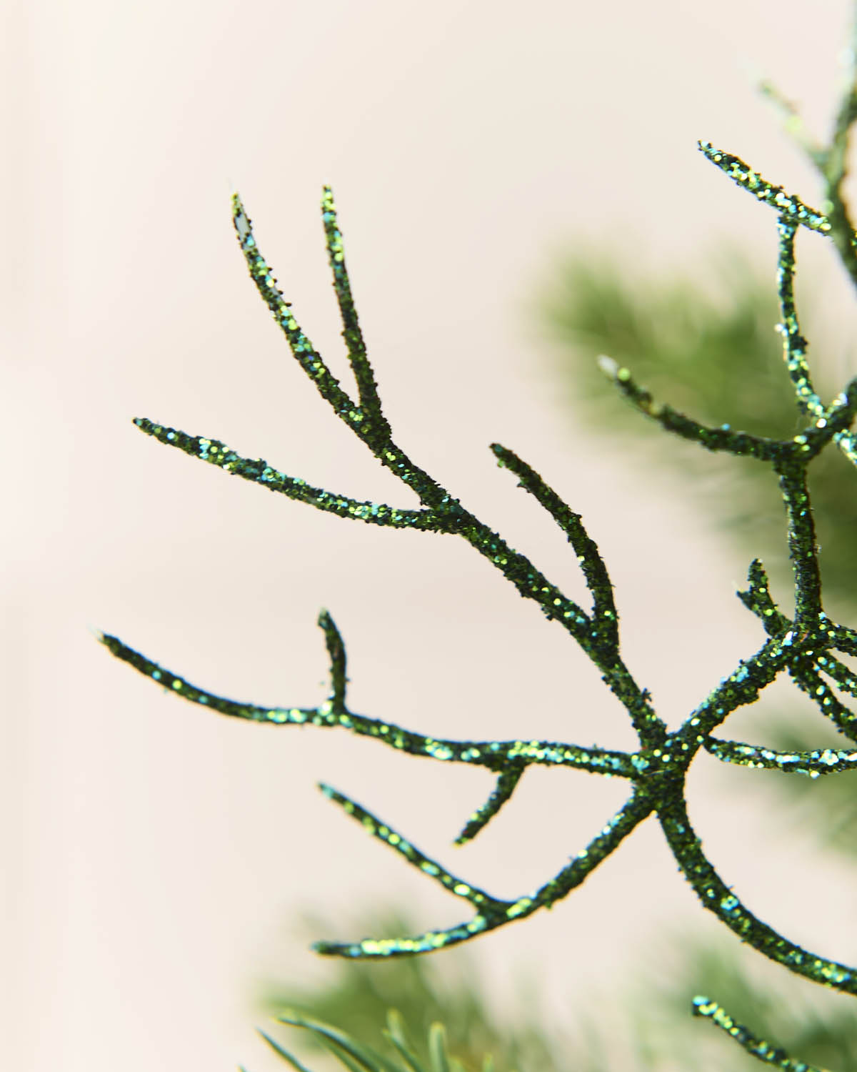 Close-up of a sage green glittery pine branch or decorative evergreen branch against a soft warm beige background.