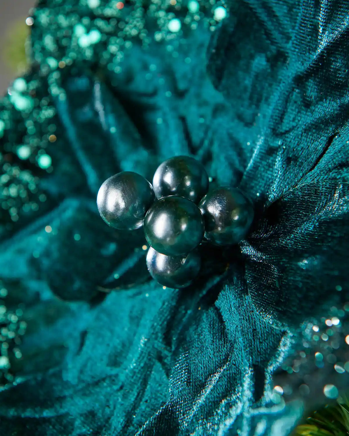 Close-up of an Emerald Poinsettia with Glossy berries in middle 