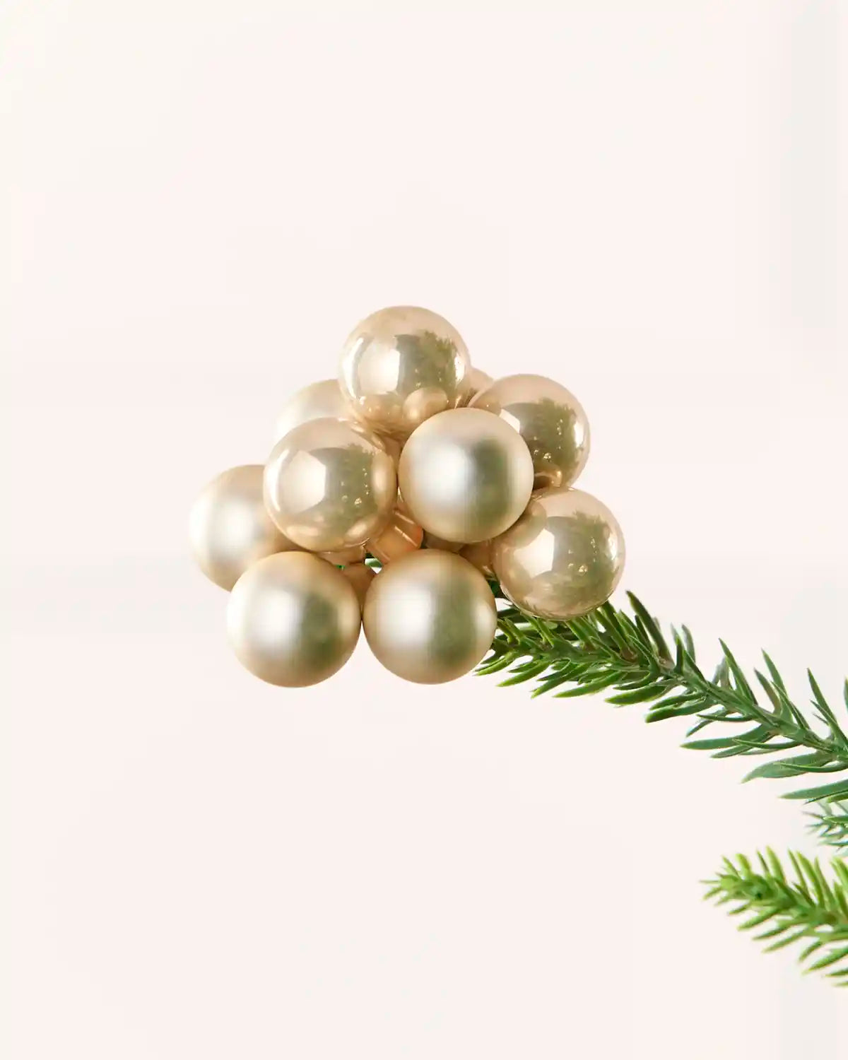 Close-up of an Latte glass berry cluster bauble attached to a Christmas tree branch.

