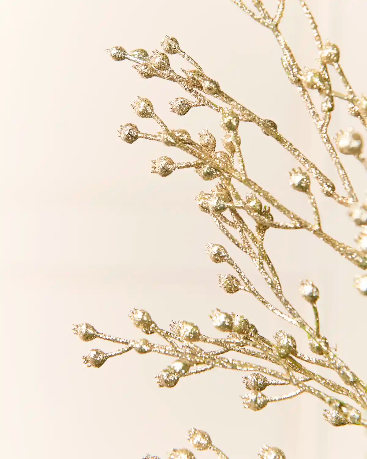 Close-up of delicate gold glittery branches with small bead-like buds against a soft cream background.