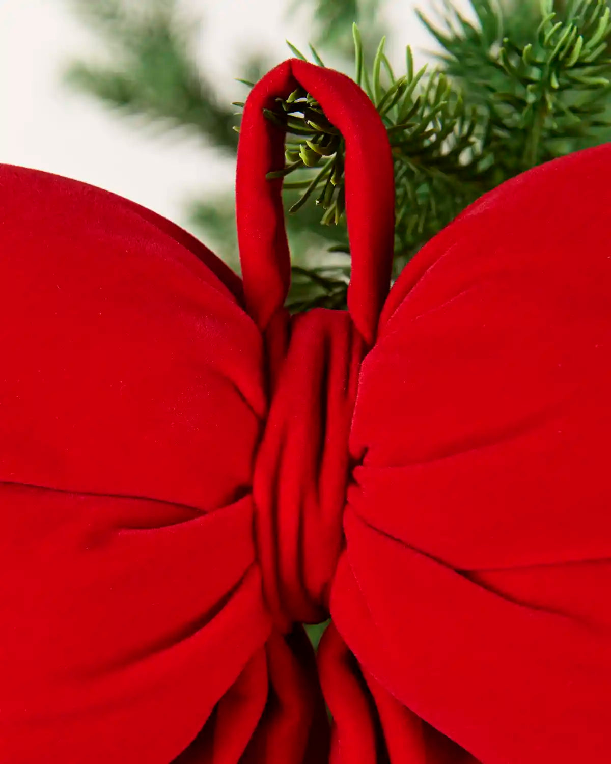 Close-up of red hanging loop attached to a Christmas tree branch tip.