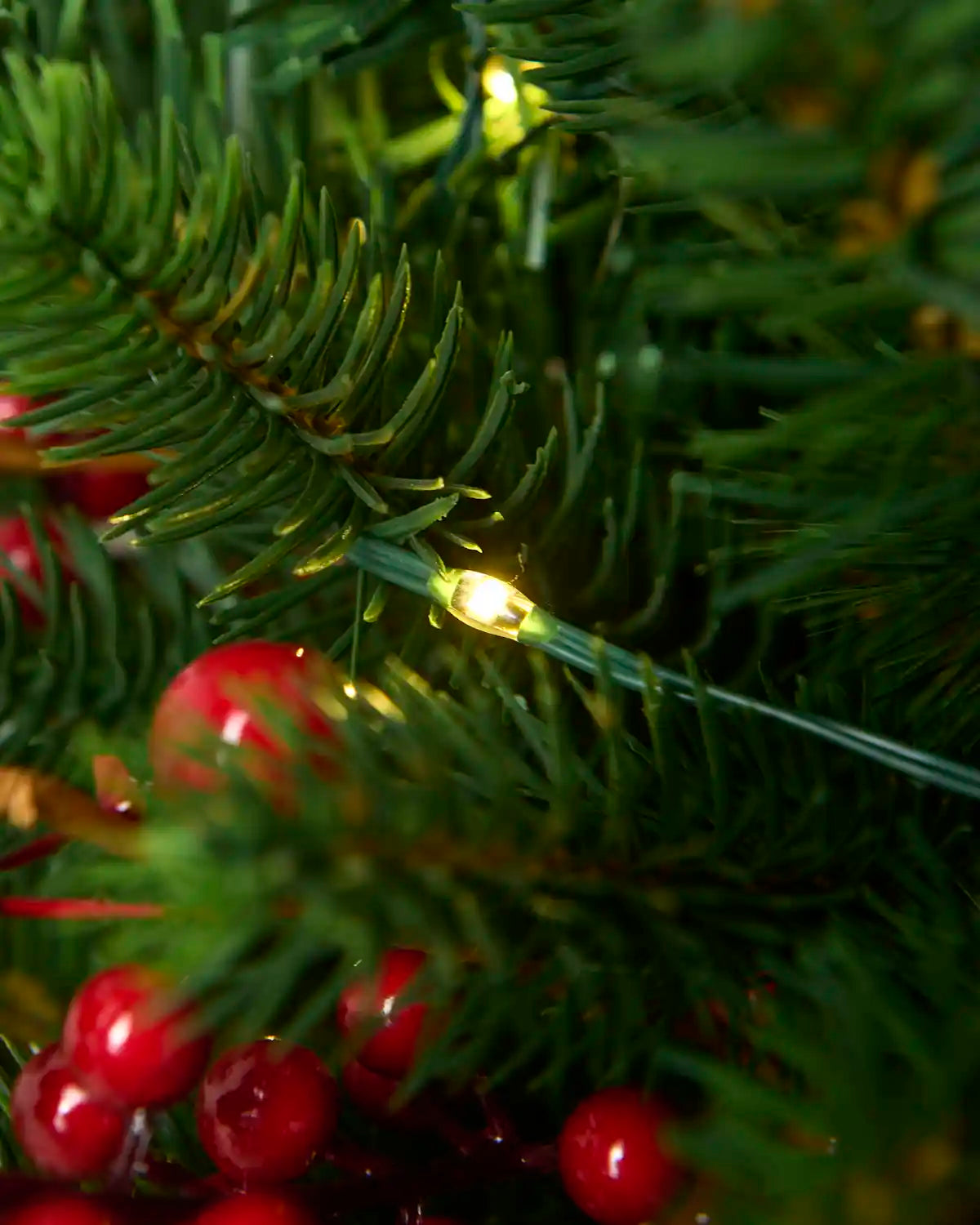 Close-up of warm white lights woven through green branches with red berries 