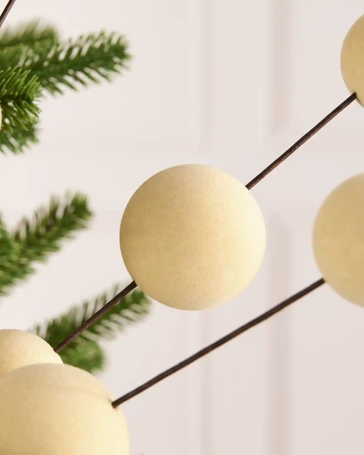 Close up Latte coloured velvet bauble pick on dark brown stems against a light background
