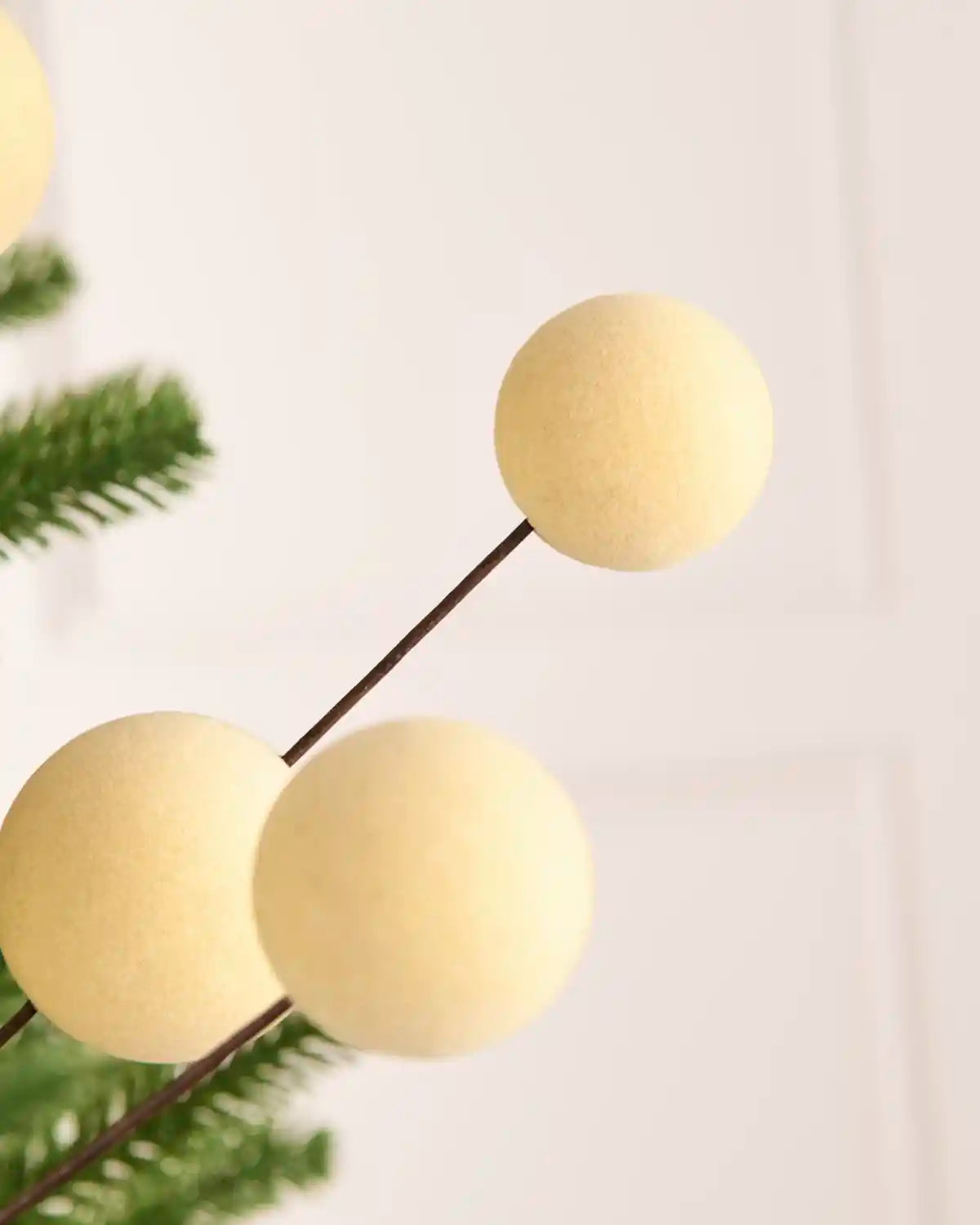 Close up Latte coloured velvet bauble pick on dark brown stems against a light background with a blurry Christmas tree branch
