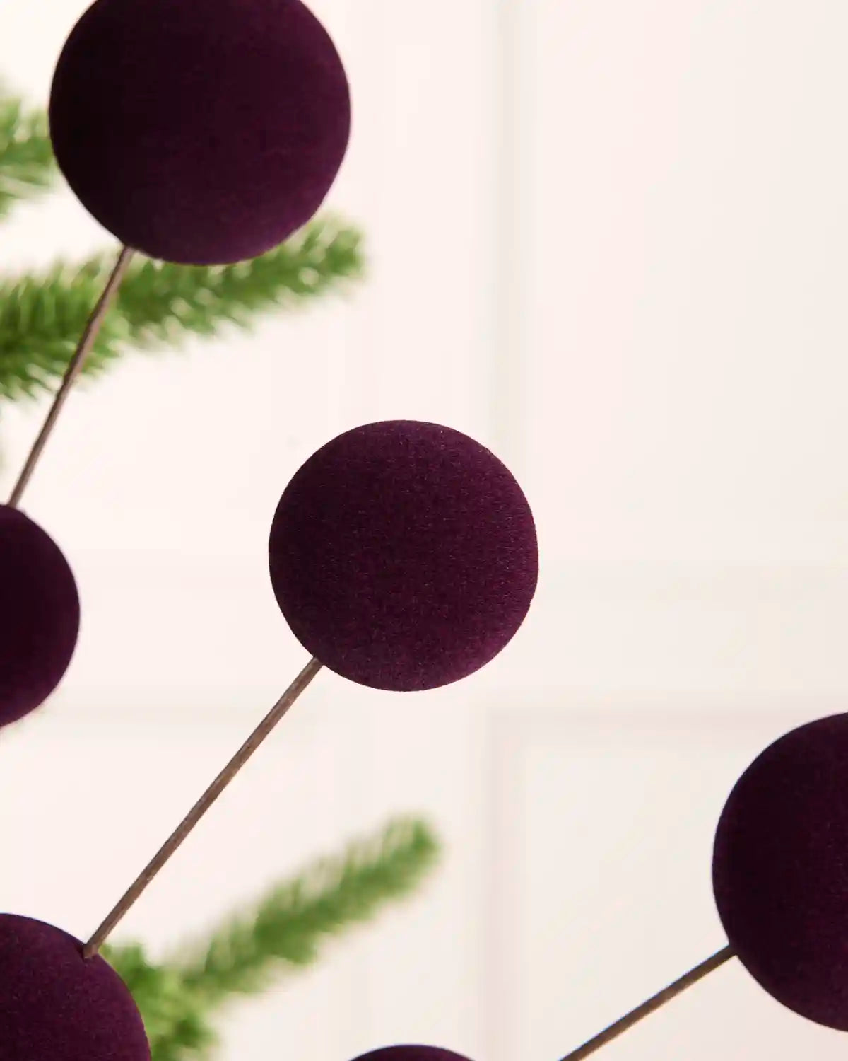 Close up Purple bauble pick on a Christmas tree against a blurry cream background