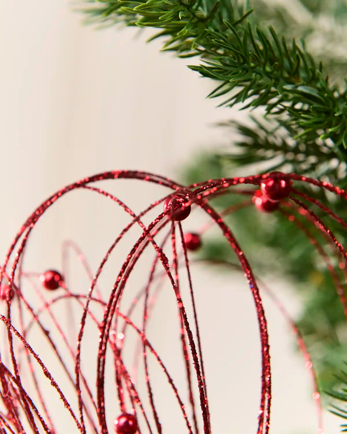 Red Glitter Nest Christmas Tree Pick showing the glitter details and red balls
