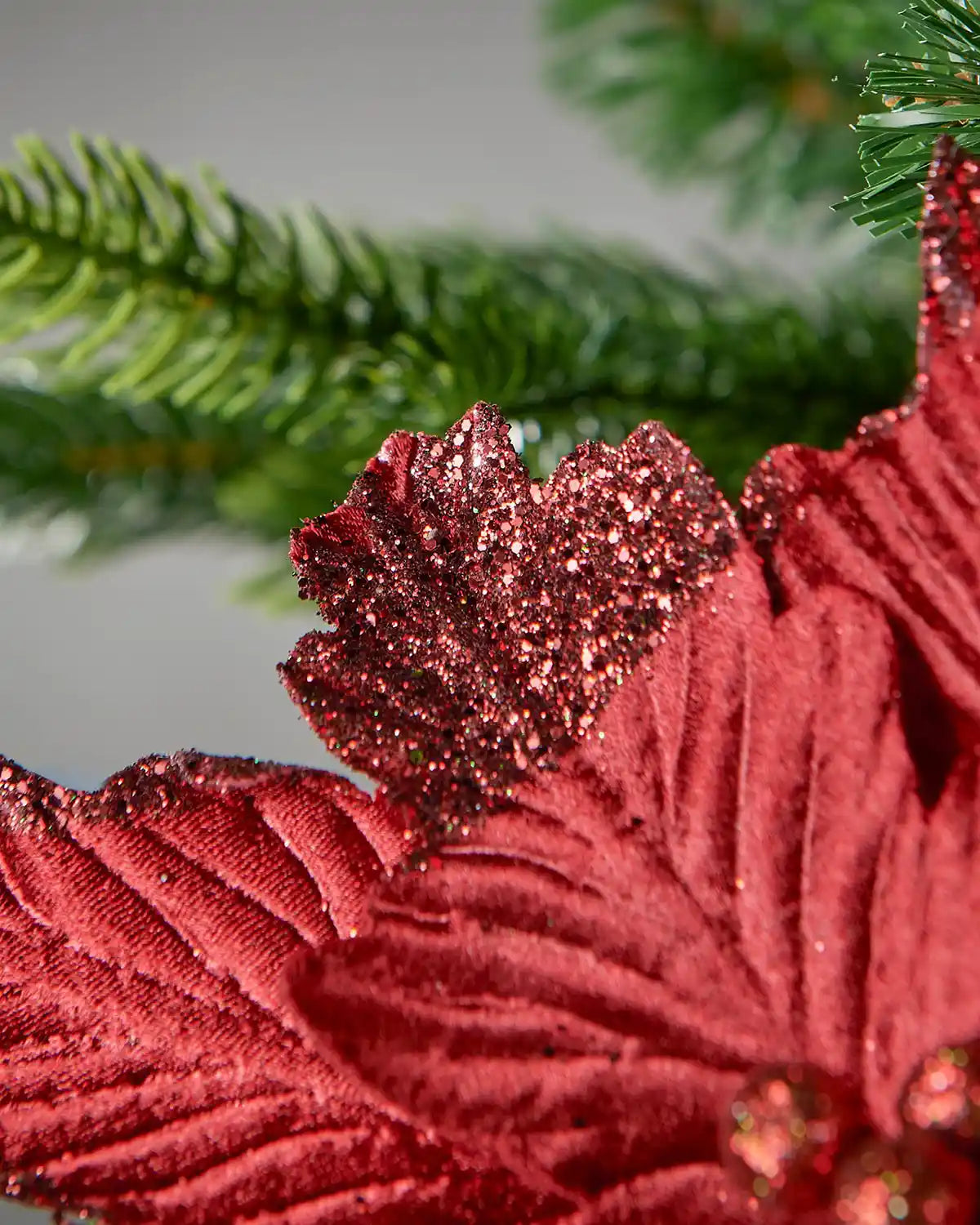Close up Red decorative Poinsettia glitter leaf on a Green Christmas tree on a blurry background