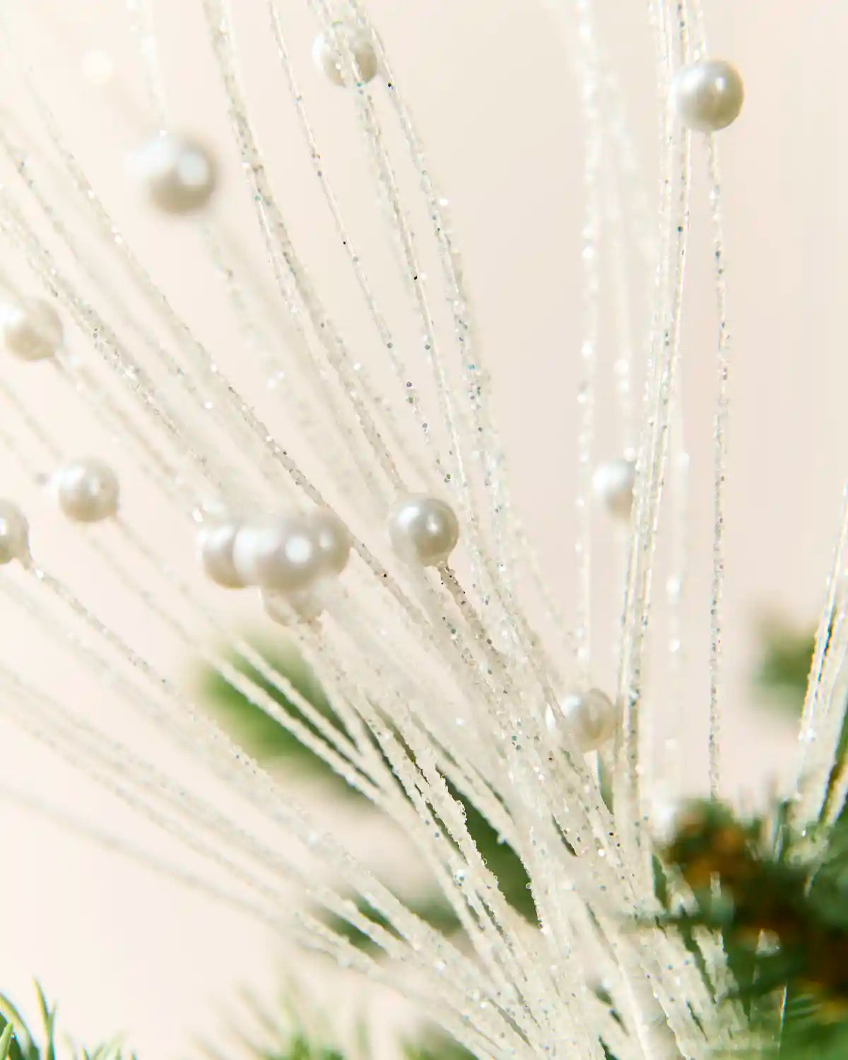Close up White Glitter Nest Christmas Tree Pick showing the glitter details and White balls