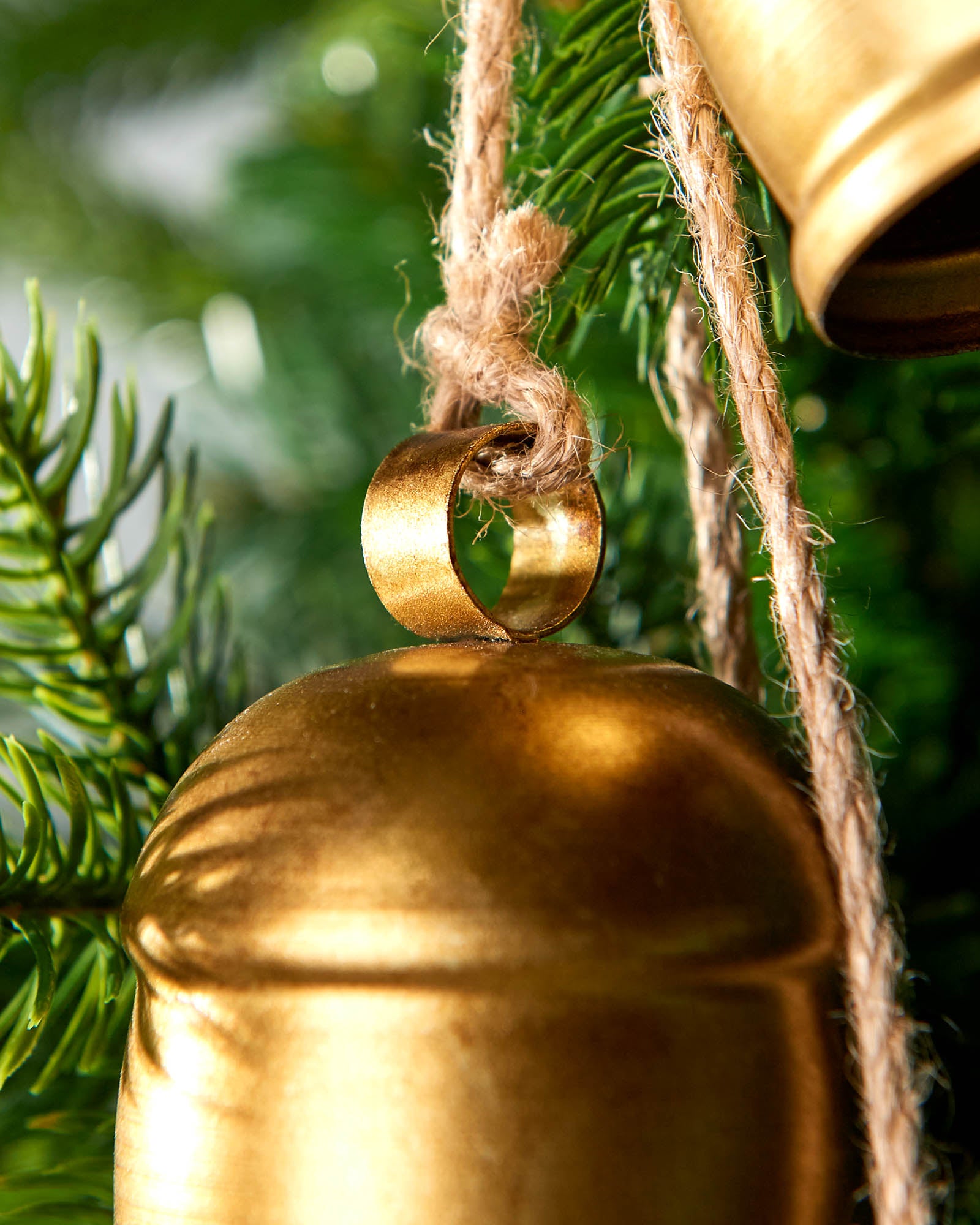 Close-up of top of an antique-style gold bell hanging on green foliage