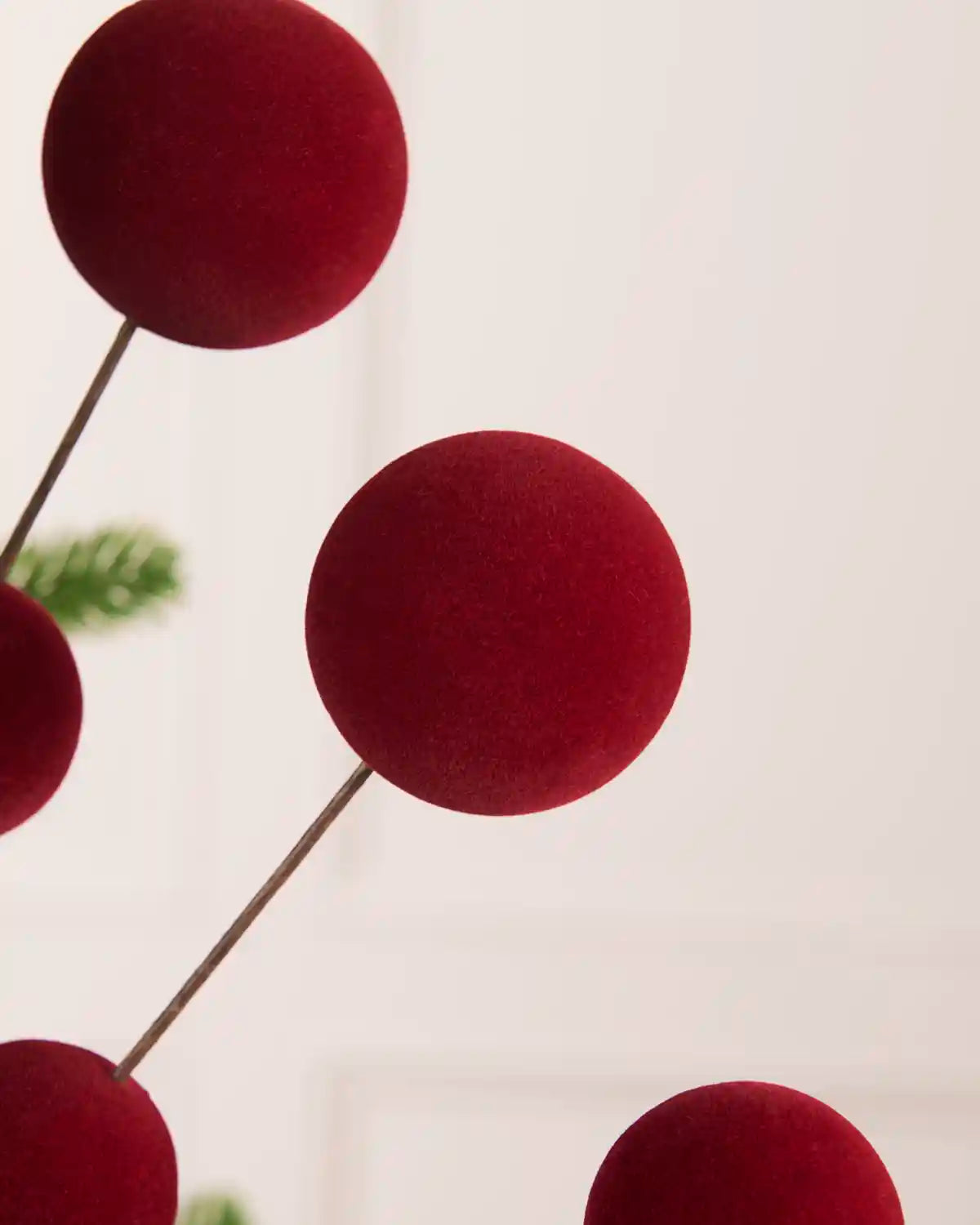 Close up five Burgundy velvet Christmas berry pick with multiple round burgundy balls on thin dark stems, styled on a green pine tree branch against a light cream panelled wall.