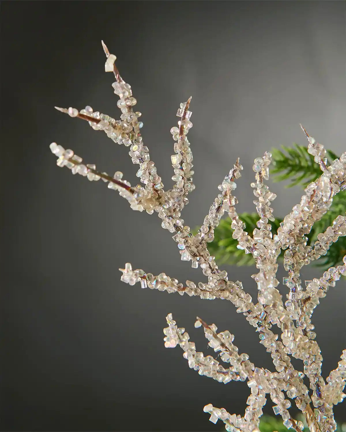 Close-up of gold beaded crystal spray attached to Christmas tree in front of grey background