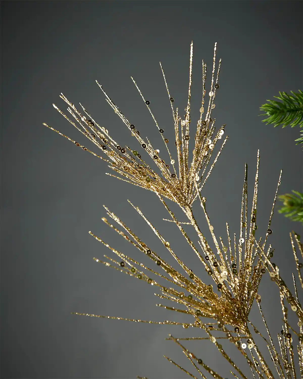 Close-up of gold glitter firework spray highlighting sequins in front of grey background