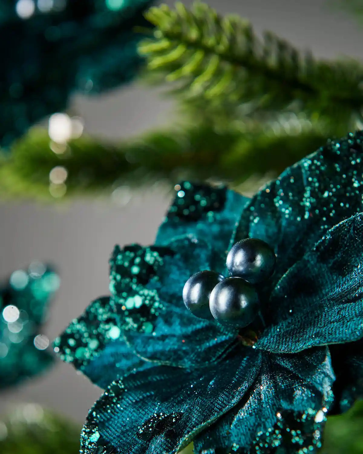 Close up of Emerald Poinsettia
glittery flower with on a Christmas tree