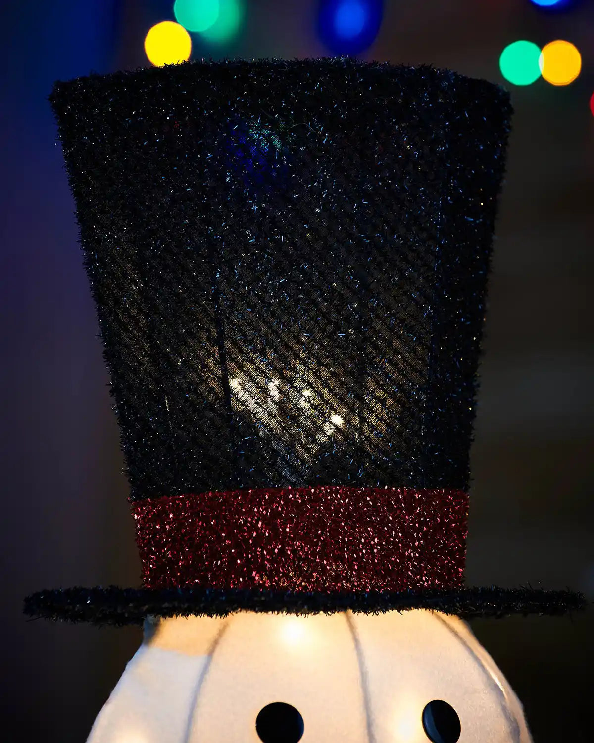 Close up of Snowman's black hat with Red glitter trim Pre-Lit 3D Snowman, Silhouette, 95 cm
