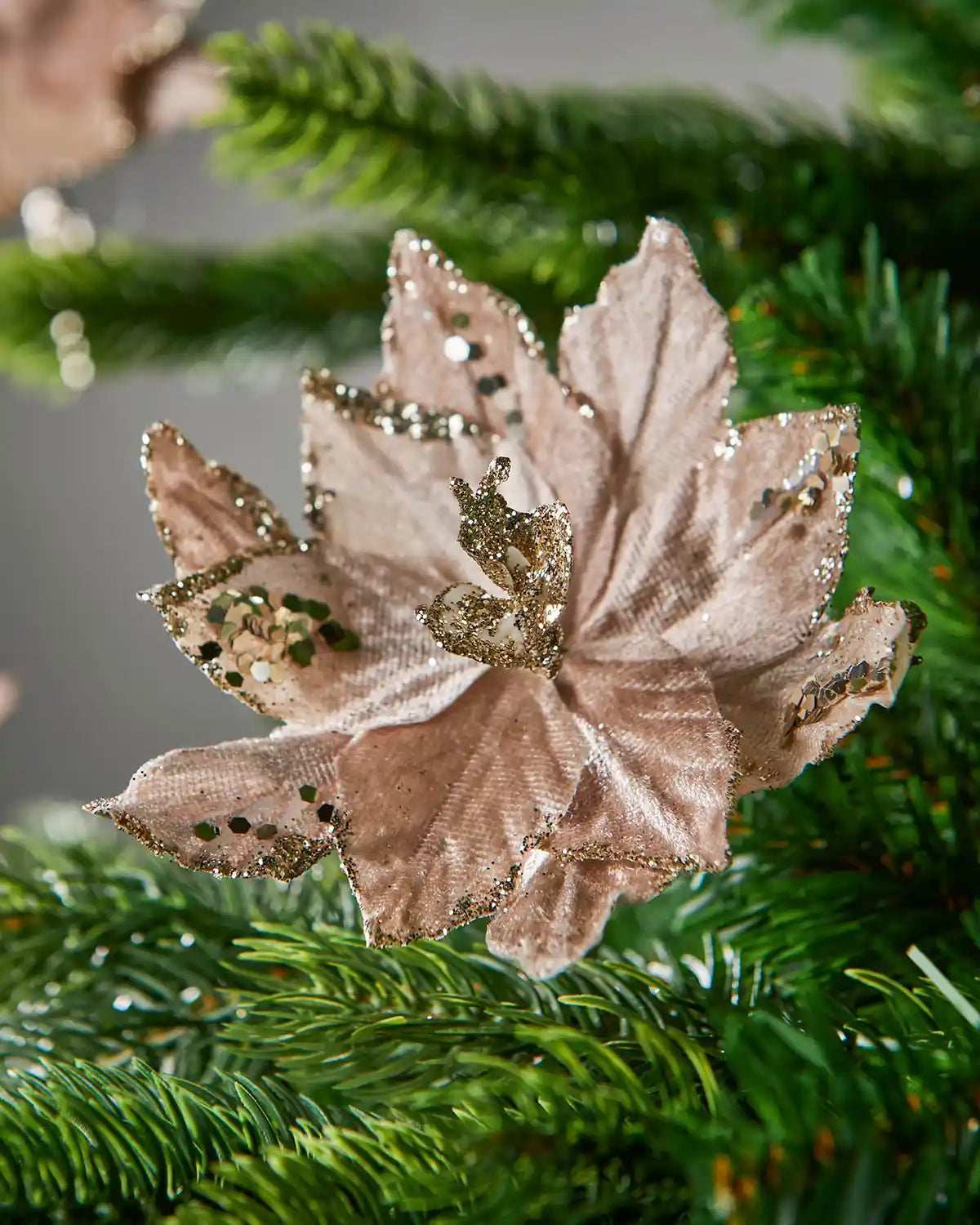 Close up of a Gold Artificial Poinsettia Flower with Clip on a Christmas tree