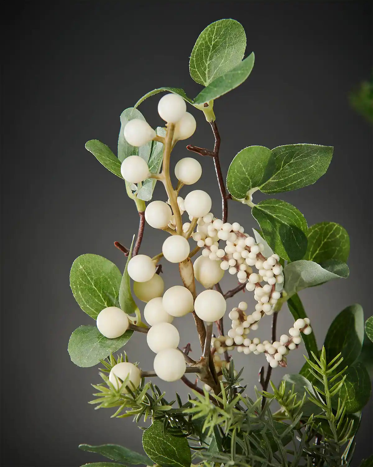 Close up of a Mistletoe decorative pick on a Christmas tree against a grey background 
