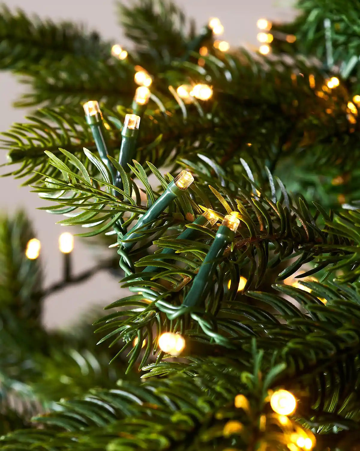 Close up of cluster String lights wrapped around a Christmas tree branch