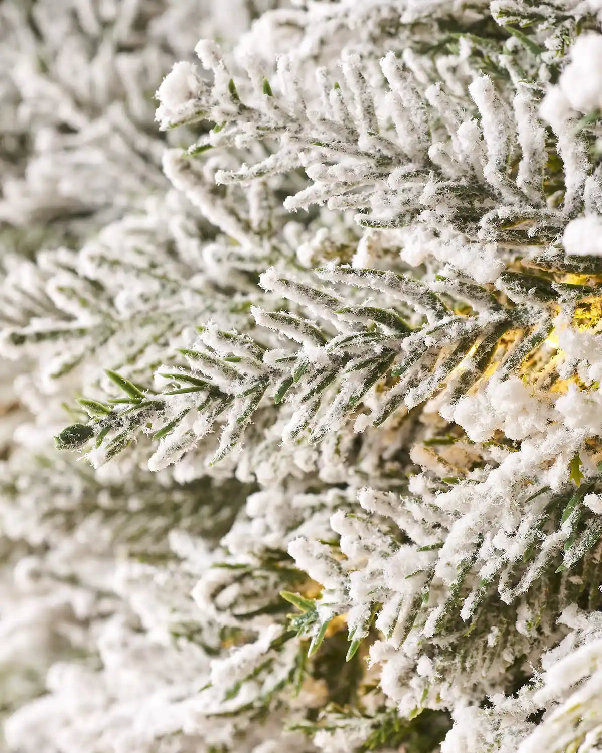 Close up of the PE tips and single lit bulb of Pre-Lit Snow Flocked Natural Fir Majestic Wreath, 1.5 m on panel textured background