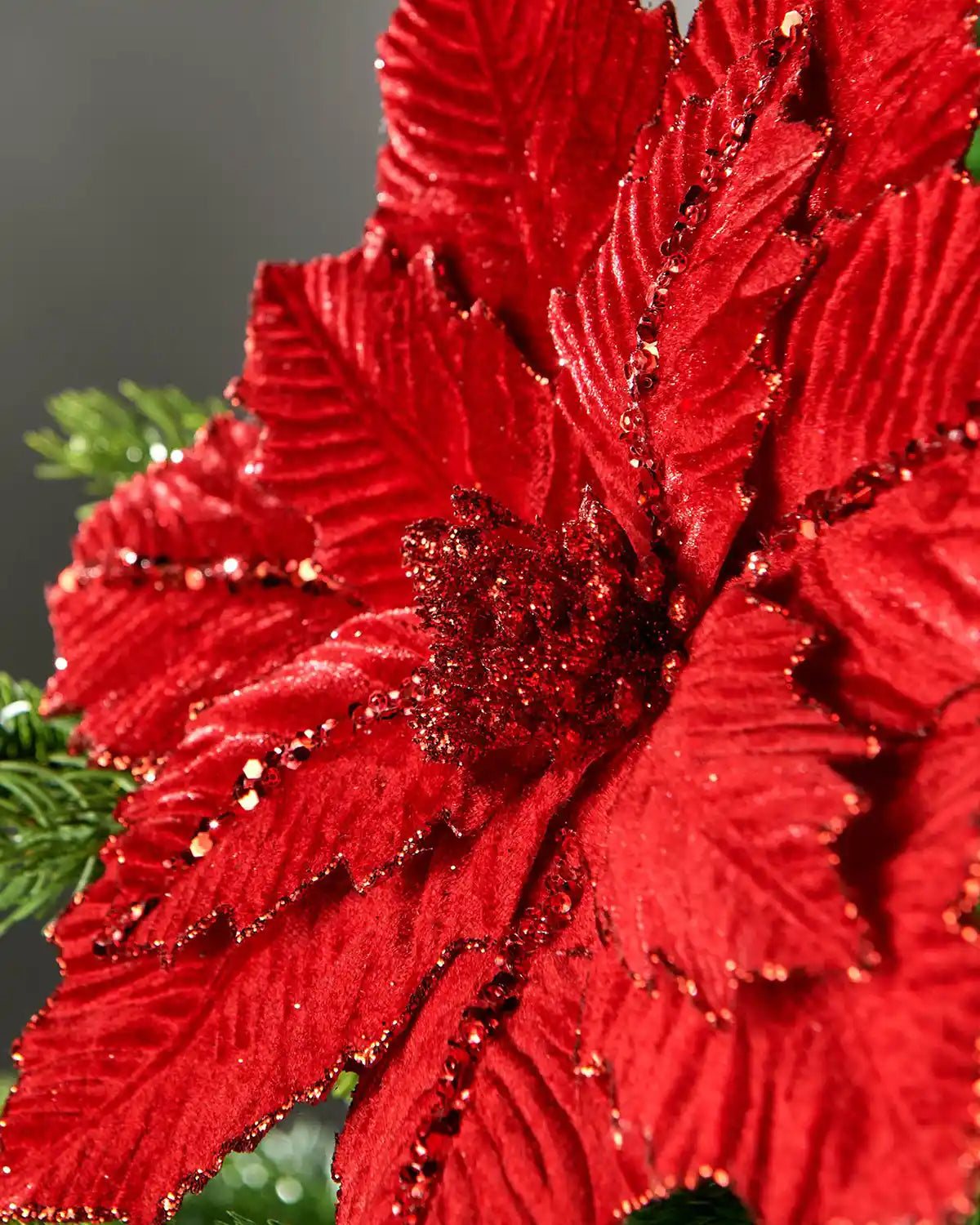 Close-up of red glitter-trim poinsettia flower on Christmas tree in front of grey wall background highlighting sequin features