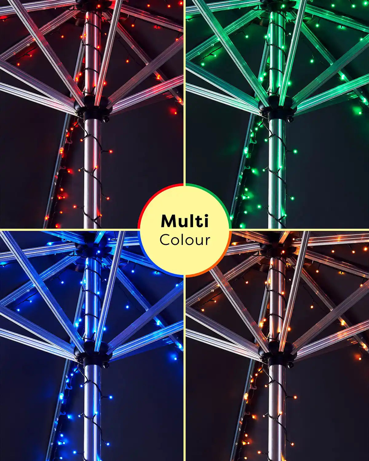 Collage of umbrella poles with lights in red, green, and blue 