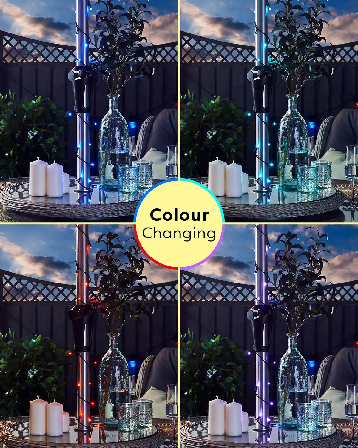 Colour-changing LED string lights on a decorative stand with candles and glasses against a blue sky background