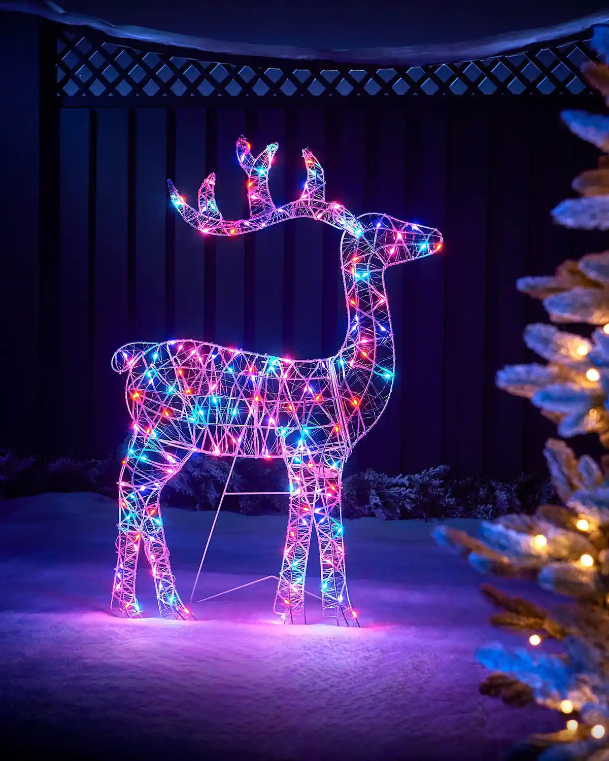 Colourful aroura LED reindeer decoration on a snowy ground with a dark background