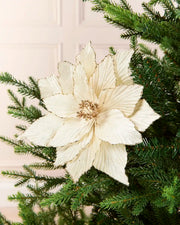 Cream poinsettia with Gold glitter trim, gold berries in the middle on a Green Christmas tree against a beige panel wall
