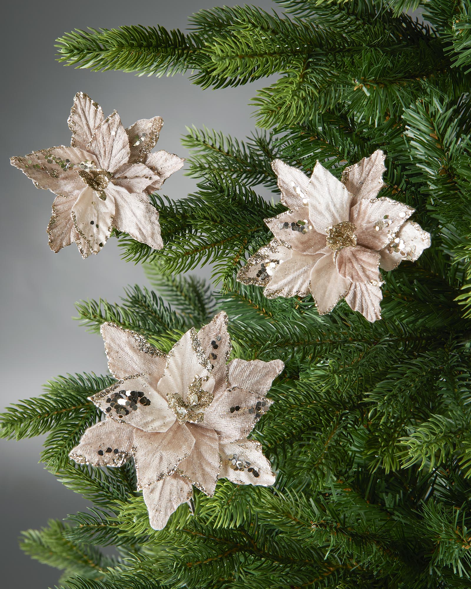 Set of 3 Gold Artificial Poinsettia Flowers with Clip, 12 cm
