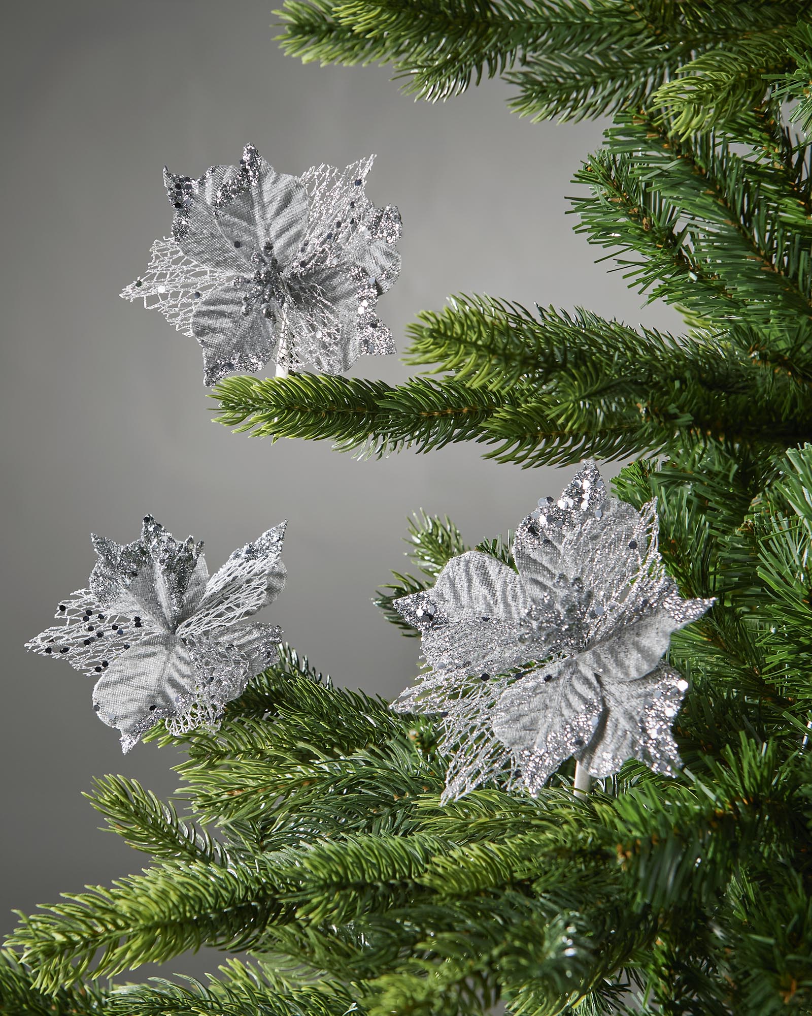 Set of 3 Silver Artificial Poinsettia Flowers with Clip, 12 cm