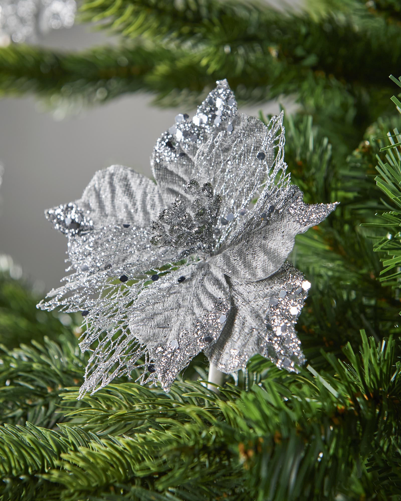 Set of 3 Silver Artificial Poinsettia Flowers with Clip, 12 cm