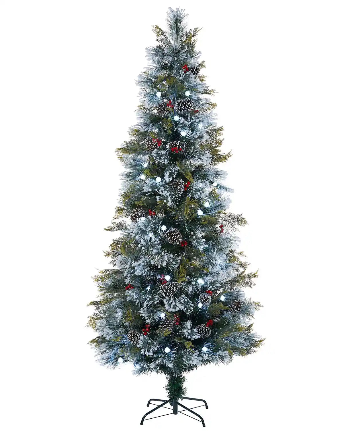 Decorated Christmas tree with Red berries, pinecones and white lights on a white background