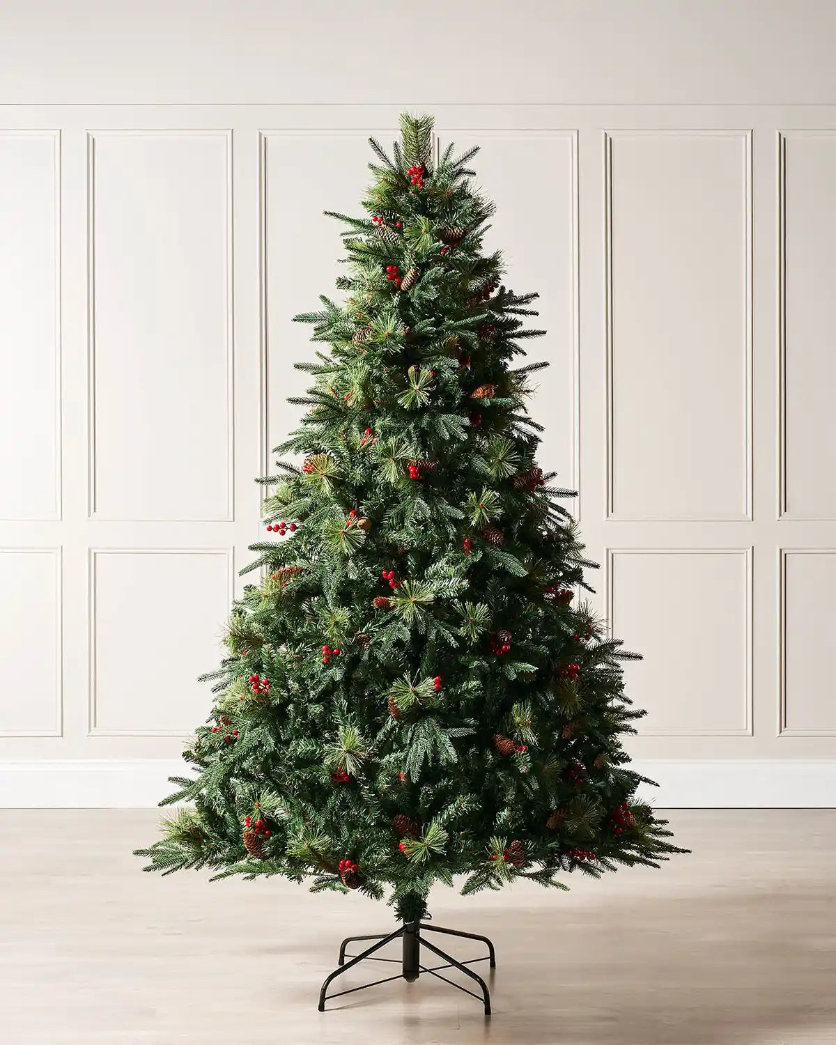 Decorated Mixed Tip Berries & Pinecones Christmas Tree, 6 ft on a  panel textured background
