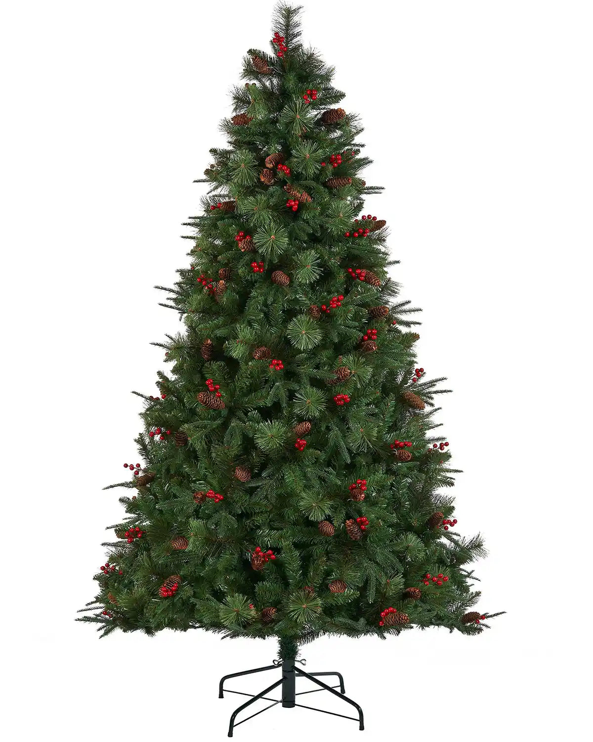 Decorated Mixed Tip Berries & Pinecones Christmas Tree, 7 ft on a White background

