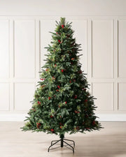 Decorated Mixed Tip Berries & Pinecones Christmas Tree, 7 ft on a  panel textured background
