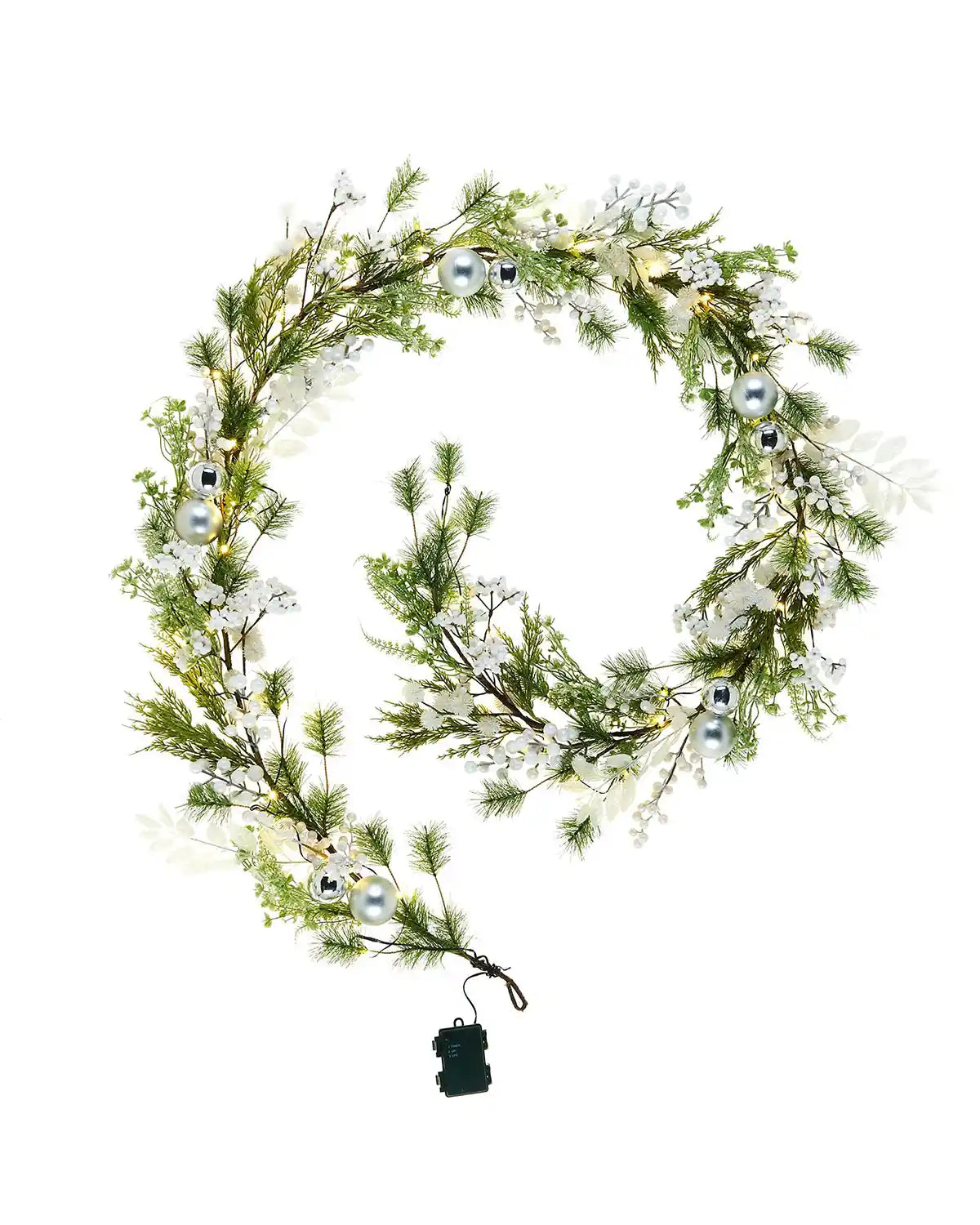 Decorative Christmas Garland with greenery, white flowers, and silver baubles on a white background