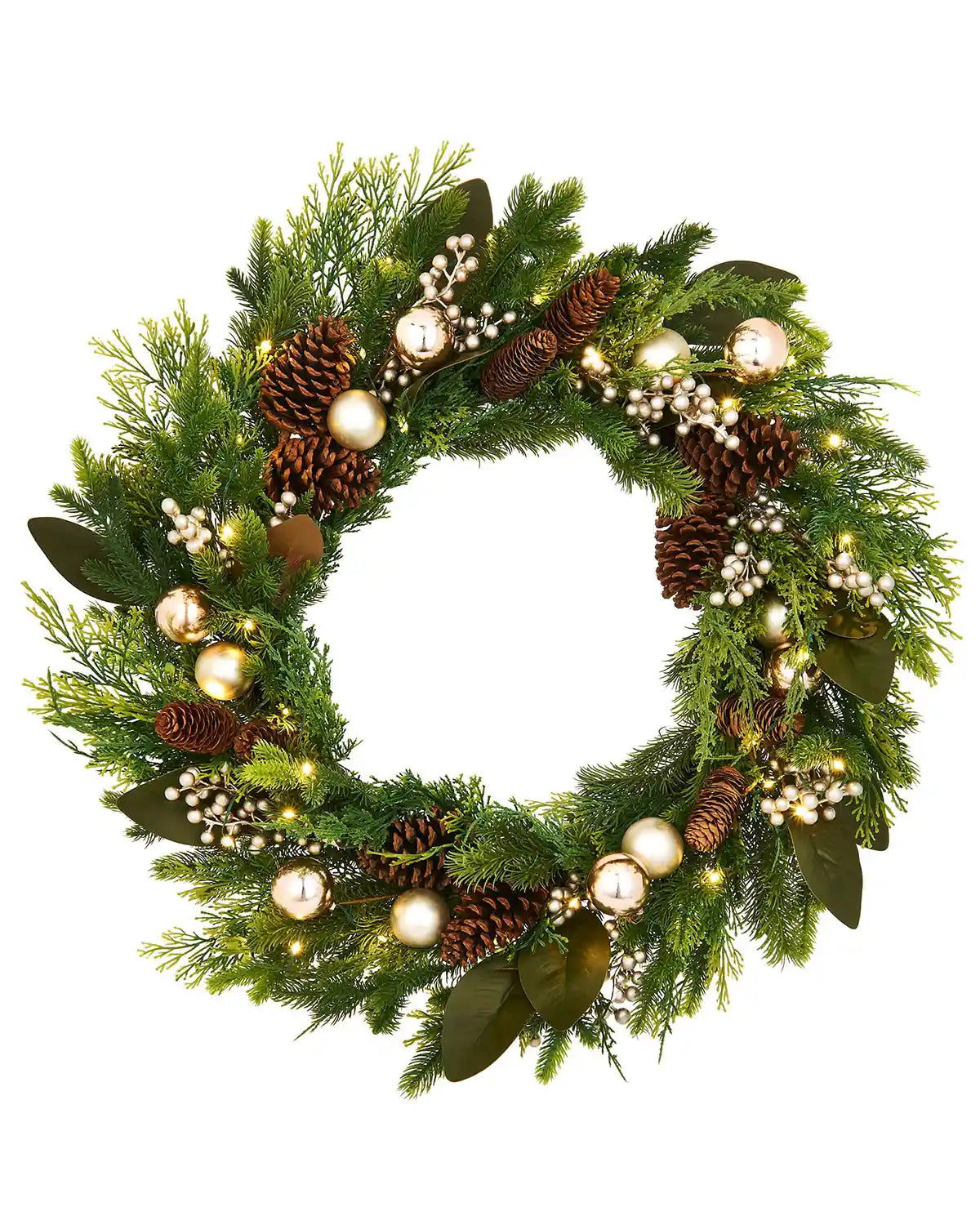 Decorative Christmas wreath with greenery, pinecones, and lights on a white background